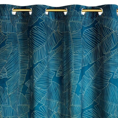 ZKLK-02e Fluwelen Ringgordijn Plantenprint - Turquoise