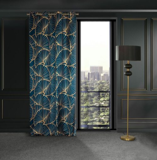 ZKLK-03 Fluwelen Ringgordijn Plantenprint - Blauw