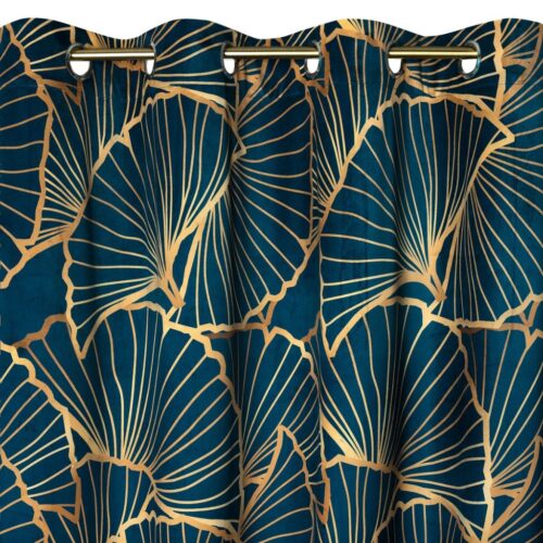 ZKLK-03d Fluwelen Ringgordijn Plantenprint - Blauw