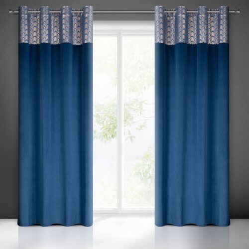 ZKLW-06a Fluwelen Ringgordijn met Glanzende Print - Donkerblauw
