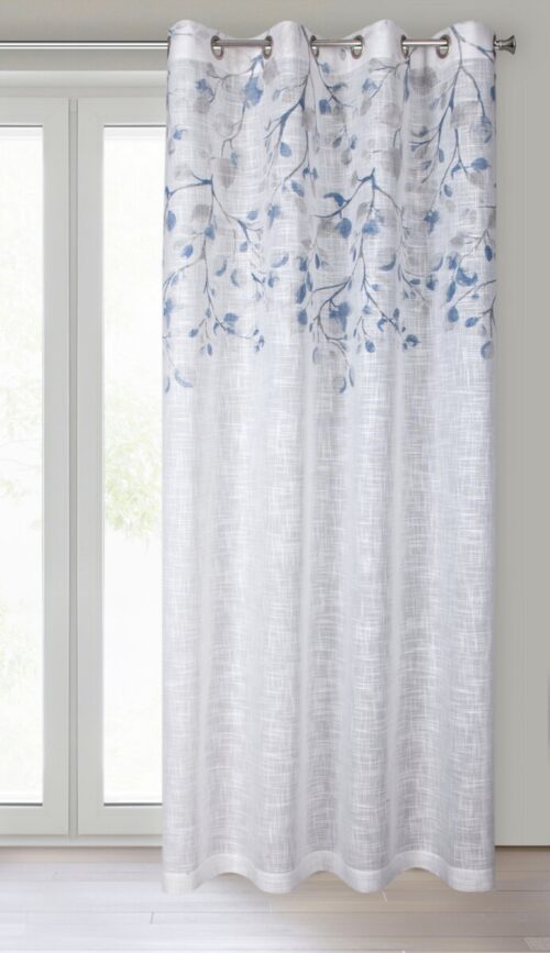 Gordijn met marineblauwe bladeren met glanzende draad ZKNR-02