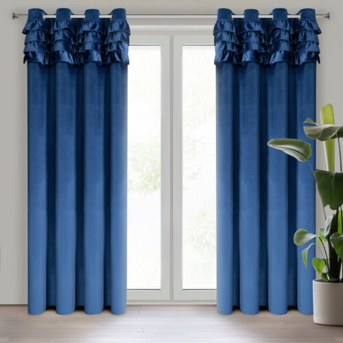 Gordijn met marineblauwe bladeren met glanzende draad ZKNR-02