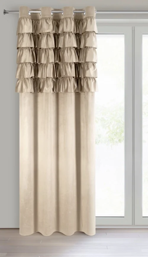 ZKRA-05a Velours Ringgordijn met Ruches - Beige