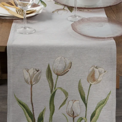 Tafelloper van chenille tapijt met tulpen OKH-03