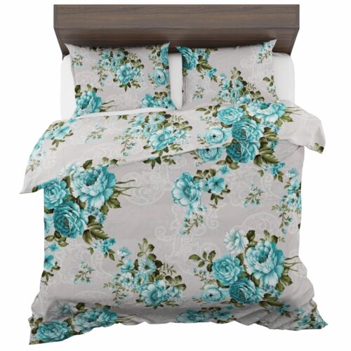 PMF-208a Dekbedovertrek met turquoise bloemenprint PMF-208