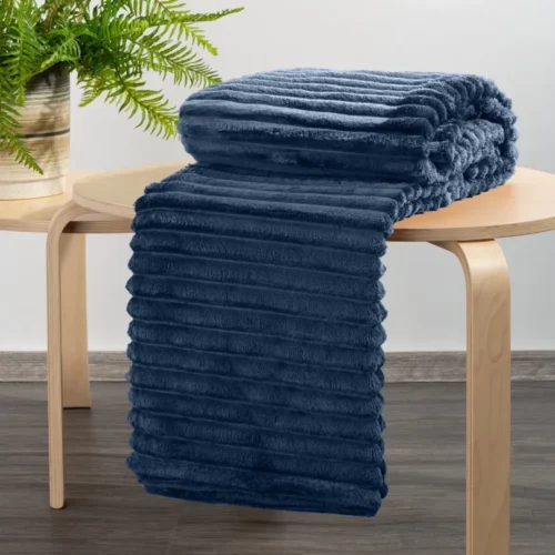 b2 Deken teddy reliëf met strepen donkerblauw 70x160