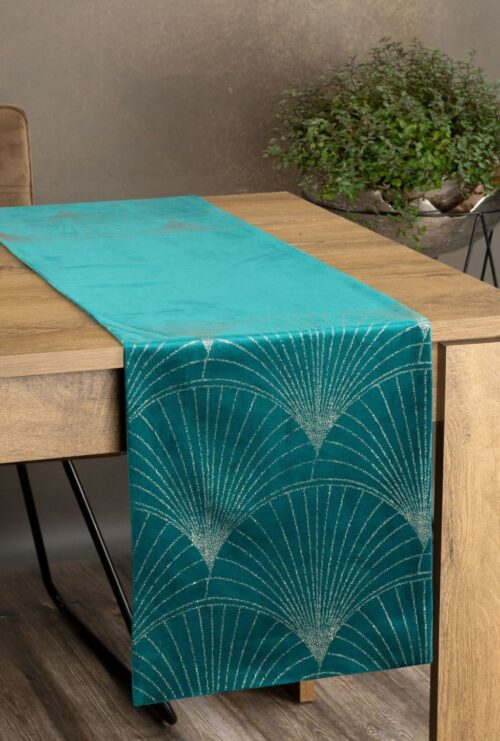 OIG-01 Velvet Tafelloper met Waaiers - Turquoise