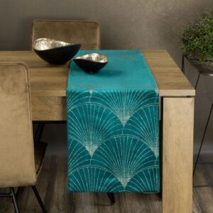 Velvet Tafelloper met Waaiers - Turquoise