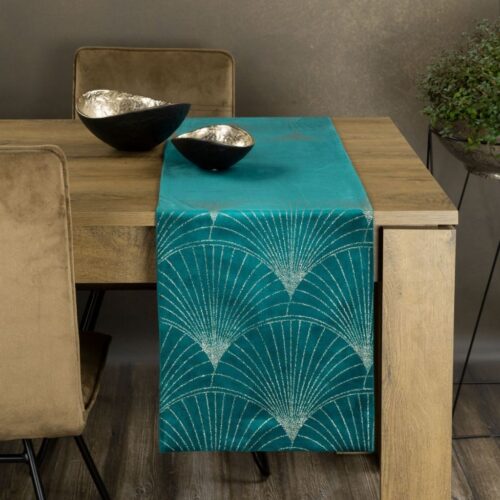 OIG-01a Velvet Tafelloper met Waaiers - Turquoise