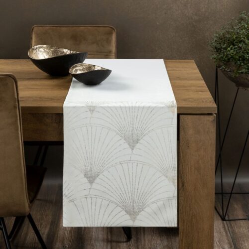 OIG-03a Velvet Tafelloper met Waaiers - Wit