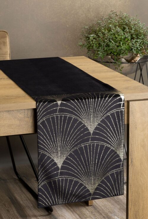 OIG-07 Velvet Tafelloper met Waaiers - Zwart