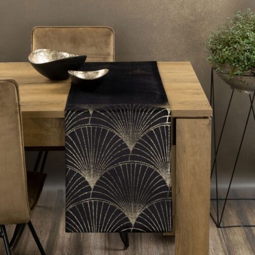 OIG-07a Velvet Tafelloper met Waaiers - Zwart