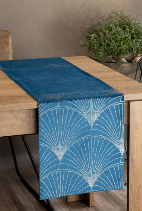 OIG-08 Velvet Tafelloper met Waaiers - Blauw