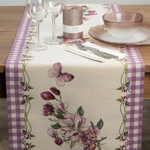Wandloper met geweven patroon van bloemen en vlinders OJB-01