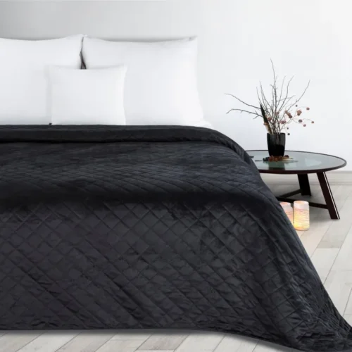 810px_NLO-03 Gewatteerde Velvet Bedsprei met Ruiten - Zwart