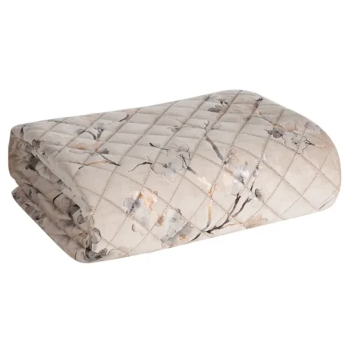 Gewatteerde Velvet Bedsprei met Bloesem - Beige