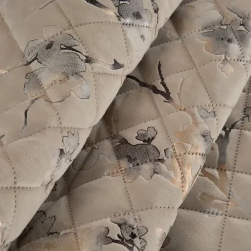 Gewatteerde Velvet Bedsprei met Bloesem - Beige
