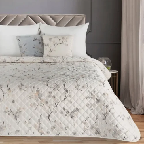 Gewatteerde Velvet Bedsprei met Bloesem - Crème
