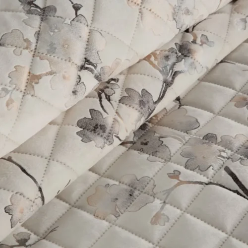 Gewatteerde Velvet Bedsprei met Bloesem - Crème