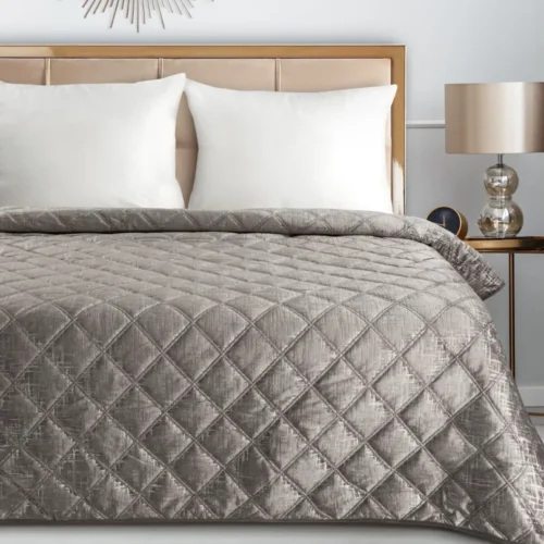 Velvet Bedsprei Ruit met Zilveren Opdruk - Beige