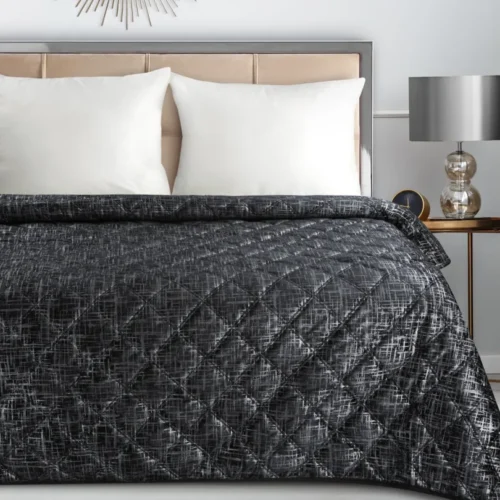Velvet Bedsprei Ruit met Zilveren Opdruk - Zwart