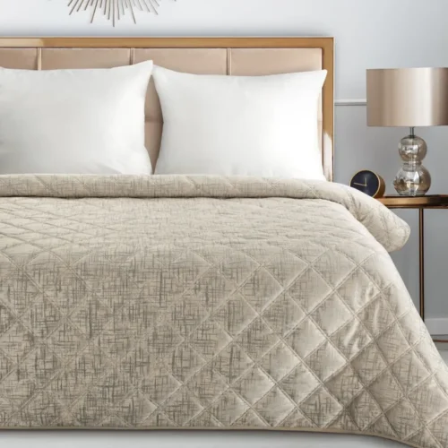Velvet Bedsprei Ruit met Zilveren Opdruk - Crème