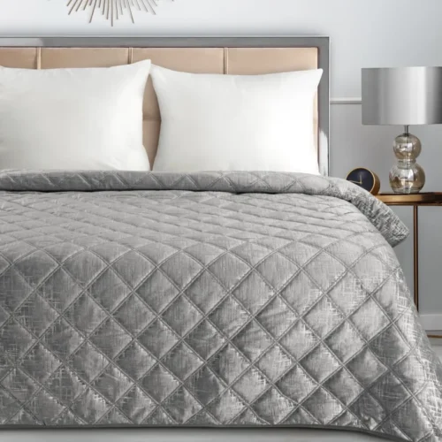 810px_NOJ-04 Velvet Bedsprei Ruit met Zilveren Opdruk - Grijs