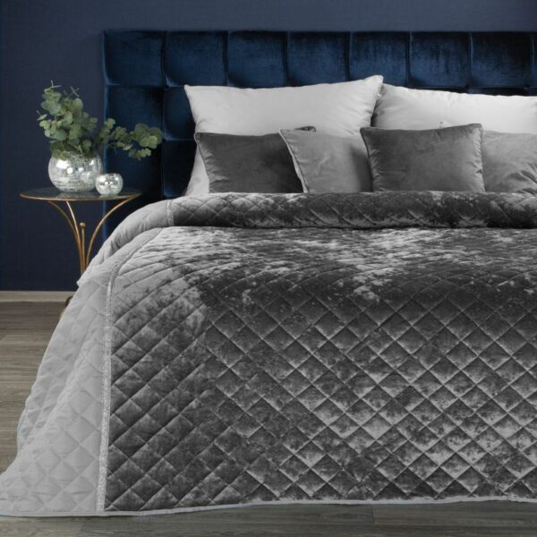 NFE-01 Glanzende Bedsprei Velvet Ruit - Donkergrijs