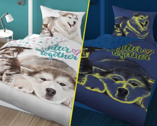 PPE-099c Dekbedovertrek glow in the dark Honden en Katten 140x200 PPE-99