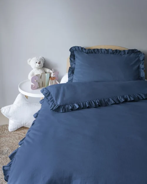 Kinderdekbedovertrek van katoen met ruches donkerblauw