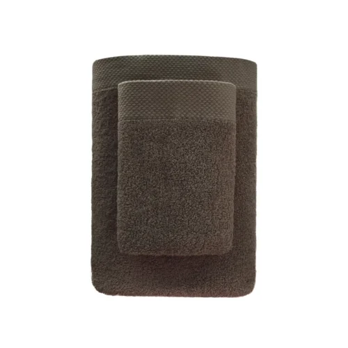 Katoenen Handdoek met Decoratieve Rand - Donkerbruin