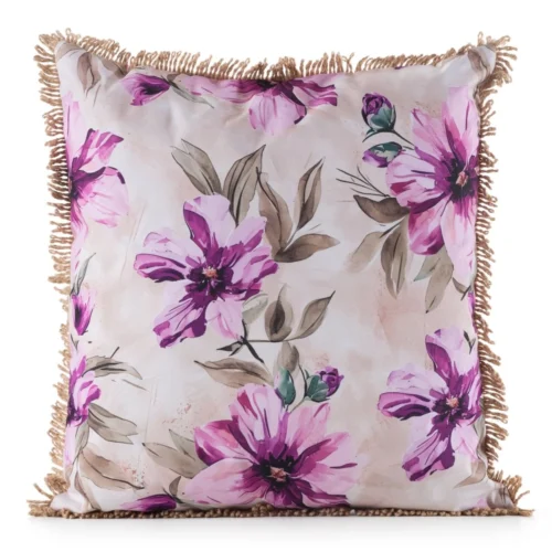 JA176-01 Waterdichte Tuinkussenhoes met Franjes - Beige & Roze Bloemen
