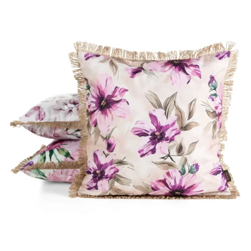 JA176-01b Waterdichte Tuinkussenhoes met Franjes - Beige & Roze Bloemen