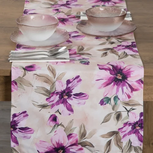 OKP01-1-B Waterdichte Tafelloper - Beige met Roze Bloemen