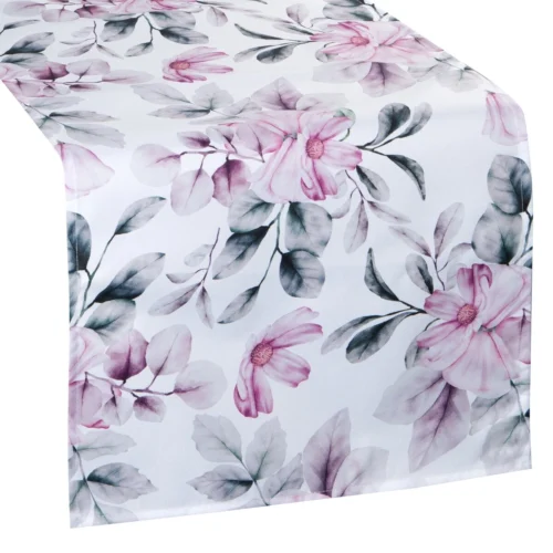 OKP02-1-bc Waterdichte Tafelloper - Wit met Roze Bloemen