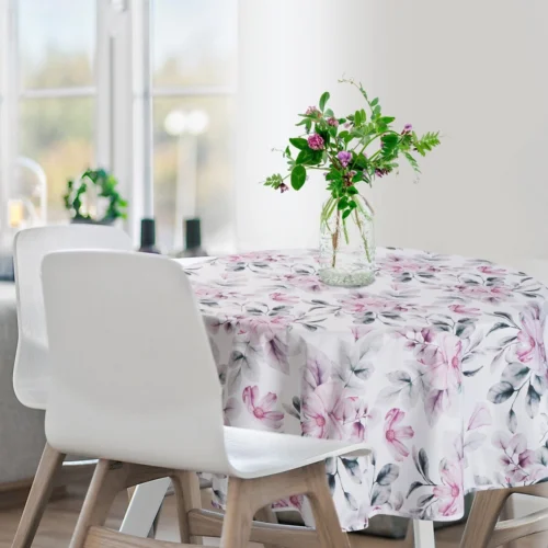 OKP02-1-o Waterdicht Tafelkleed Rond - Wit met Roze Bloemen (150cm)