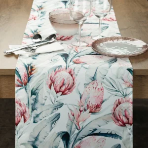 Waterdichte Tafelloper - Wit/Roze/Groene Bloemen
